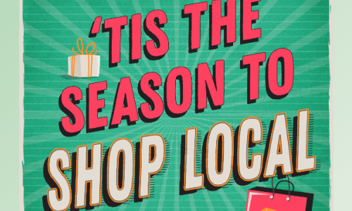 Green sunburst background with red text that states "'Tis the Season to Shop Local."