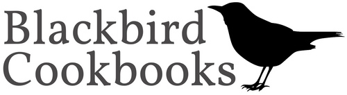 Blackbird Cookbooks logo with small black bird in shadow with beak looking upward